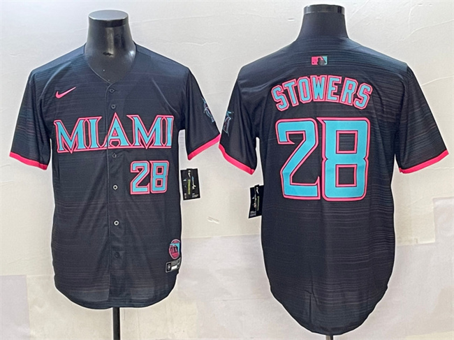 Men's Miami Marlins #28 Kyle Stowers Black 2025 City Connect Limited Stitched Baseball Jersey Men's Miami Marlins #28 Kyle Stowers Black 2025 City Connect Limited Stitched Baseball Jersey